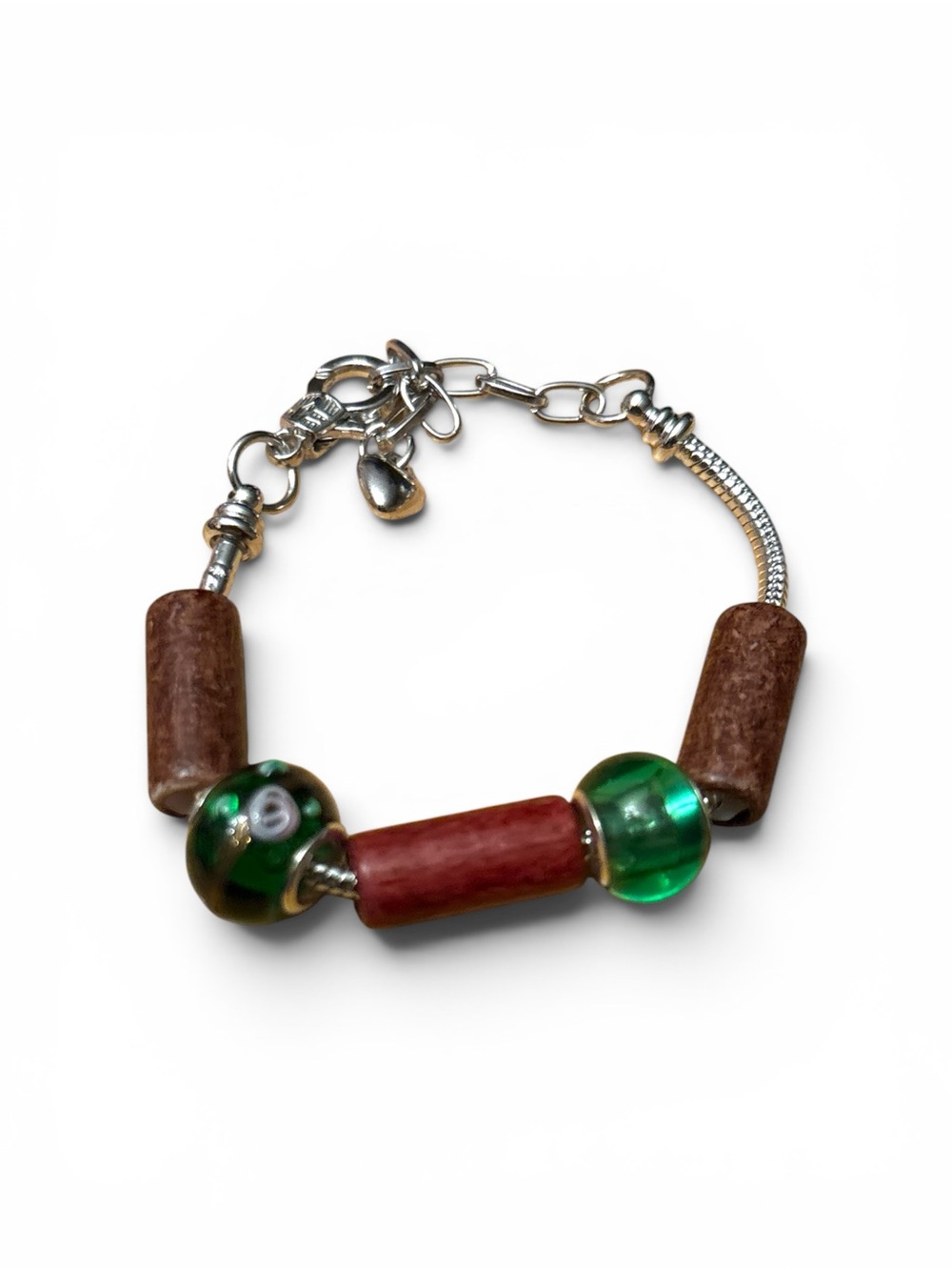 Artisan made Glass & Wood Bead Bracelet in Green and Brown